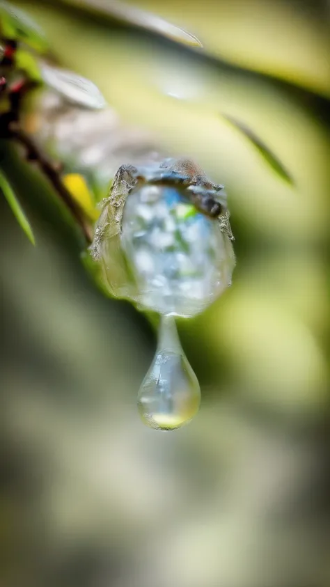 there is a drop of water hanging from a pine tree branch, mirror dripping droplet!, water droplets frozen in time, plant sap, water droplet, berries dripping, honey dripping, wet dripping, drop of waters, rain droplets frozen in time, mirror dripping dropl...