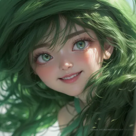 Close up of deep green smile with open mouth、(realisitic、hight resolution)、(1 girl in)、Do-Up Eye、Korean Girl、(Best Quality), (masutepiece), (1girl in), Solo, a beauty girl, Perfect face, Big Breast,dreamlikeart、Highly detailed airbrush art((Surreal))、Volum...