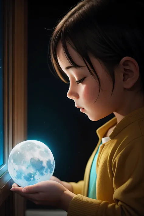 Angled child holding a bright blue moon in front of a window, painting digital adorable, Arte infantil em Artstation, Arte digital realista 4K, Arte digital realista 4K, Cyril Rolando e Goro Fujita, pintura digital fotorrealista, pintura realista da menina...