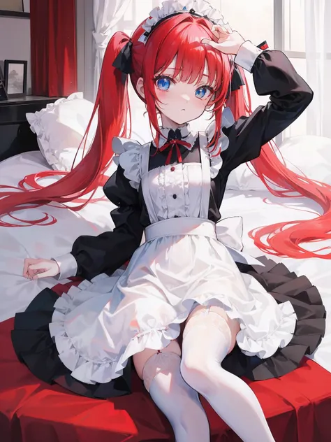 red hair,blue eyes,twintails,maid, long hair, long sleeves, gothic, solo, loli,Short skirt, white stockings,{{best quality}}, {{masterpiece}}, {{ultra-detailed}}, {illustration}, {detailed light}, {an extremely delicate and beautiful},little girl,cute,