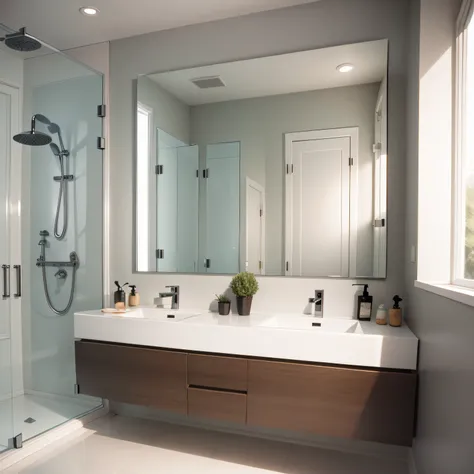 Modern Shower bathroom with Vanity and Mirror