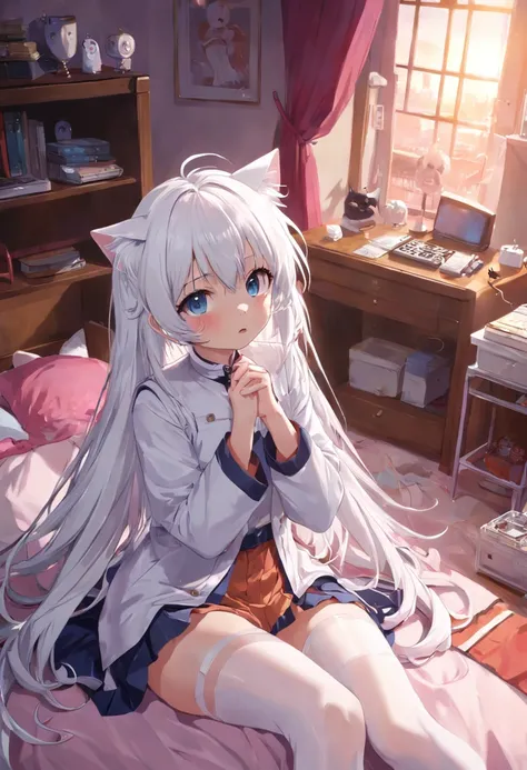 1girl，Cat lady，Cry，White stockings，Bedrooms，whaite hair，Pure