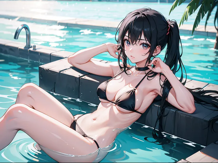 2D, (Simple background), BREAK masterpiece, Ultimate Top Quality, Ultra-detailed, Best Quality, ((kawaii)), 1girl in, Cute, Black hair, (Black Bikini:1.1), (in poolside), Sunshine, Various hairstyles, (Lens Flare:0.6), (White glow:1), (light reflections:1....