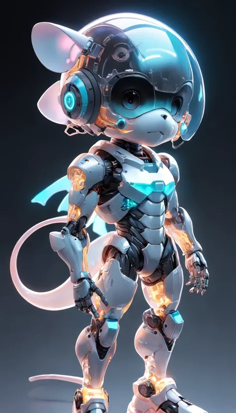 The person in the photo I gave々Use the，Robot rat, (blind box toy style:1.2), (Full body shot) , 1 transparent boy,Behind him is a transparent and cute robot mouse, Transparent Mecha, Exquisite helmet:1.2, Luminescent goggles:1.2, Cyberpunk, Dreamy glow, br...