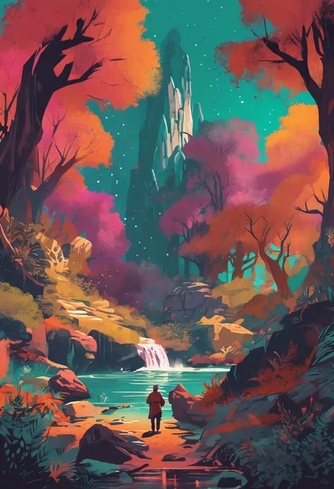 Nestled in an ancient forest、Illustration depicting a traveler searching for a magic fountain