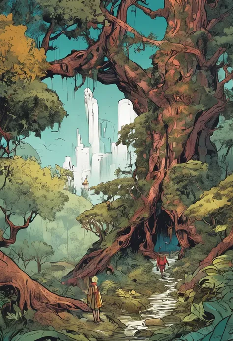 Nestled in an ancient forest、Illustration depicting a traveler searching for a magic fountain