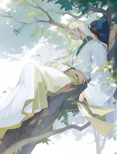 anime big breast，Boy sitting on a tree branch in green Han costume, A flowing green robe, （（Long flowing white hair）），Left-handed folding fan，The right hand falls on the wine altar，Bluebirds perched on tree branches，Shade，Foliage，Beautiful Peace Scene, aet...