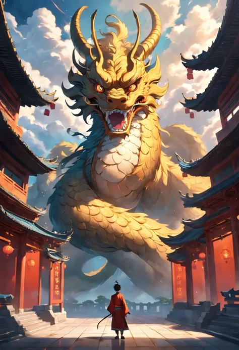 The background is a very magnificent Chinese-style building，pines，Clouds，The color atmosphere is strong，In the foreground is a man with a golden hoop rod，A circling dragon in the middle，4k画质，Manhwa Style，Light effects shine through the middle of the clouds...