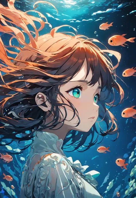 ((masterpiece,best quality)),(negative space:1.2),(1girl, solo:1.4),beautiful detailed eyes,floating hair, underwater, bubble, fish, (jellyfish), fluorescence,sea turtle, seaweed,