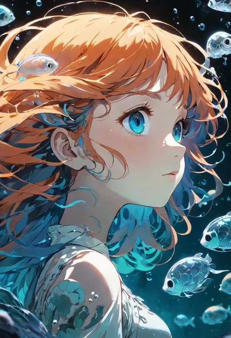 ((masterpiece,best quality)),(negative space:1.2),(1girl, solo:1.4),beautiful detailed eyes,floating hair, underwater, bubble, fish, (jellyfish), fluorescence,sea turtle, seaweed,