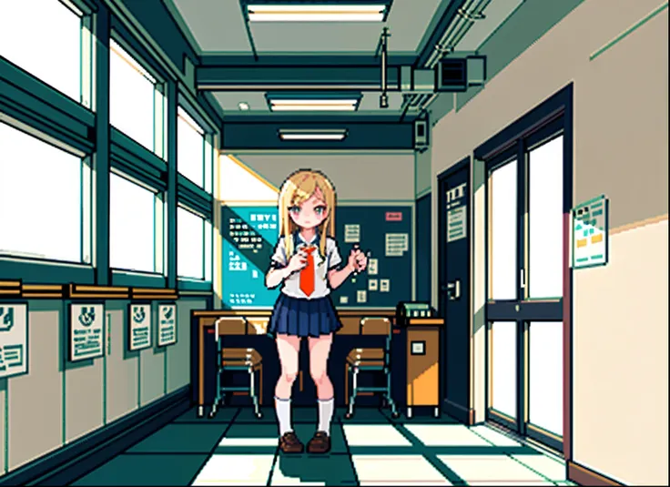 (masterpiece, top quality, best quality), pixel,pixel art,1girl,full body, long blonde hair, beautiful pink eyes, wearing school uniform, standing at the front door of a school classroom