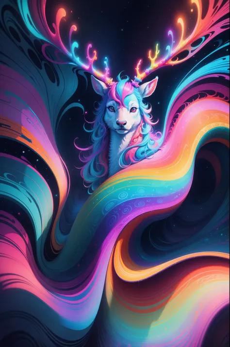 (psychedelic painting of deer standing in front of colorful whirlpools), ((multi-sewn large antlers, stag, big head)), light and...