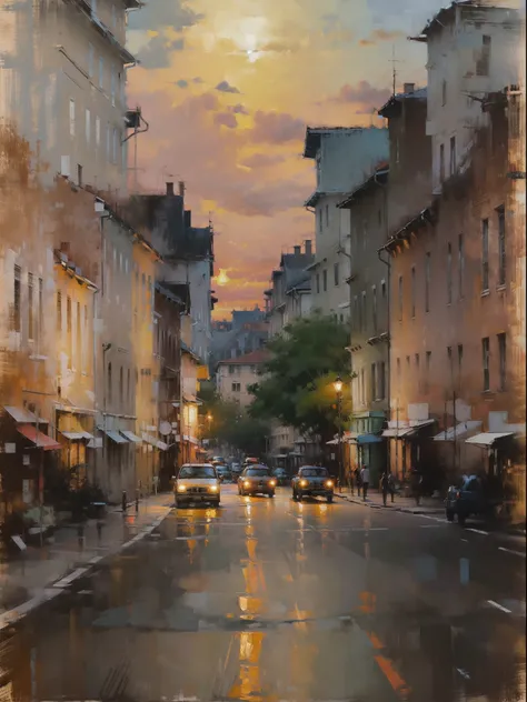 Cityscape Print , stree and old Colonial building, road lamp, cars, sunset, vicheals. Oil Painting