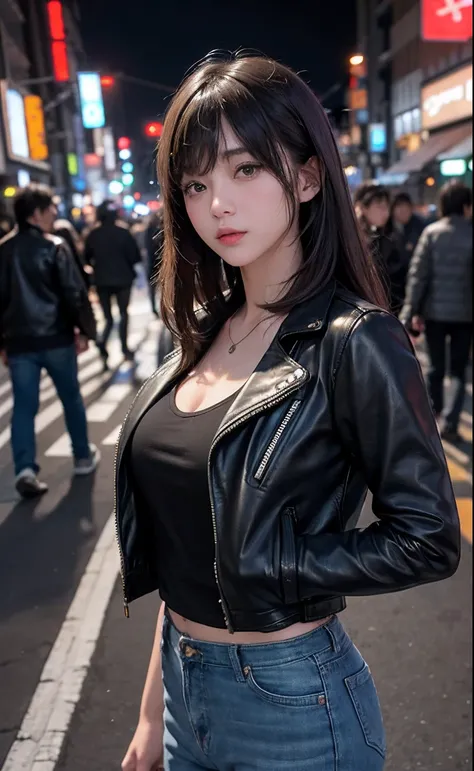 女の子1人、on tokyo street、natta、A city scape、city light、The upper part of the body、a closeup、8K、Raw photography、top-quality、​masterpiece、realisitic、Realistic、Pattsun bangs、cabelos preto e longos、Black leather jacket