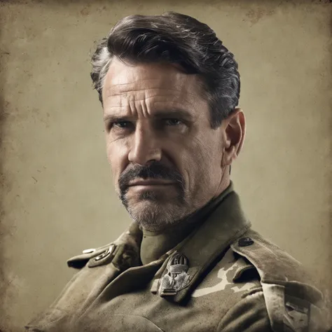 Portrait of a 40-year-old man, Dressed in military style, A manly face, expressive eyes, shingle, hair with graying, Military clothing, detailing, 4k