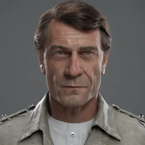 Portrait of a 40-year-old man, Dressed in military style, A manly face, expressive eyes, shingle, hair with graying, Military clothing, detailing, 4k