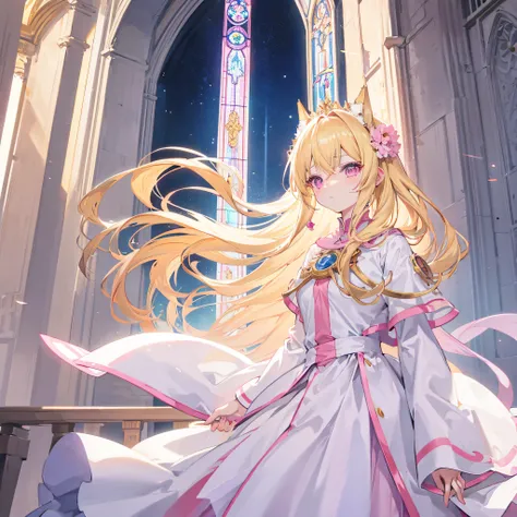 anime girl,long blonde hair,pink eyes,white dress,a cathedral with a sun motif background