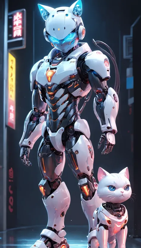 robotic pig, (Blind box toy style:1.2), (full body shot of) , 1 Transparent Boy,Behind him is a cute transparent robot cat, Mecha transparent, Exquisite helmet:1.2, Glasses:1.2, Cyberpunk, dreamy glow, luminous neon lights, ren, white backgrounid, ( global...