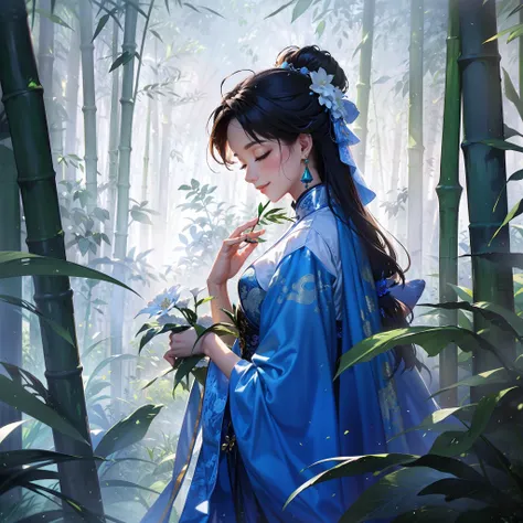 Beautiful digital artwork, 8k high quality detail art, elegant film fantasy art, (Beautiful Fantasy Queen), colorful Chinese ink style, full body shot, a classical Chinese girl, eyes closed, smiling face, emerald decoration, emerald bamboo forest backgroun...