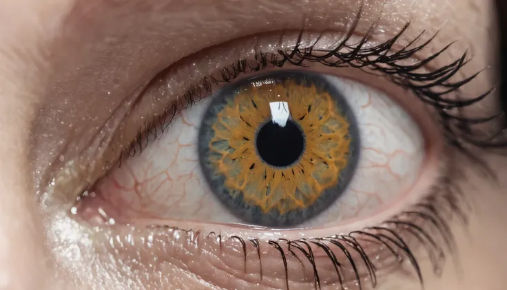 um close up do olho de uma pessoa com um olho azul e amarelo, tears dripping from the eyes, tears flow from her eyes, eye cyberpunk bionics, galaxy in the eye 👁️, olho bonito, tears from the eyes, cyber-eye, reflexos oculares, real eyes that are detailed, ...