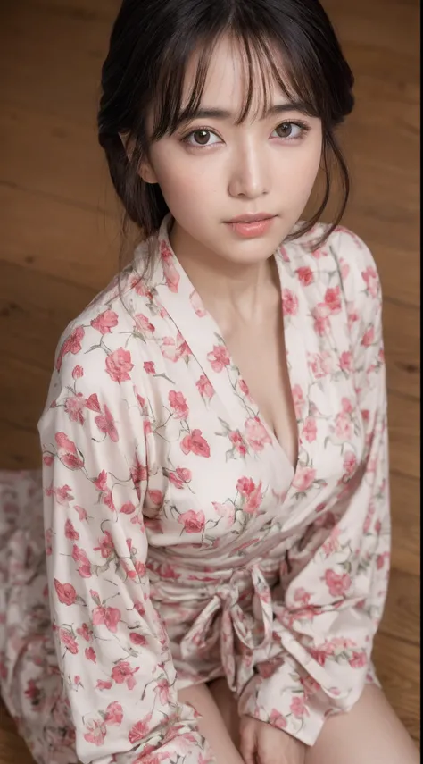 ((of the highest quality, 8K, masutepiece: 1.3)), Beauty, 1 Japan Girl, Big: 1.3, dark brown hair, (Open legs: 1.2), detailed face, very detailed lips, Detailed eyes, Double eyelids, open yukata, Sweaty skin: 1.2, ((from above: 1.5)), sexy