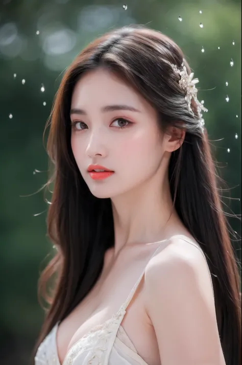 ((Best Quality, 8k, Masterpiece: 1.3)), Focus: 1.2, Perfect Body Beauty: 1.4, Buttocks: 1.2, ((Layered Haircut)), (Wet Clothes: 1.1), (Rain, Street:1.3), (Breasts: 1.2), (Hanfu: 1.2), Bare Shoulders, Bare Legs, Highly Detailed Face and Skin Texture, Fine E...