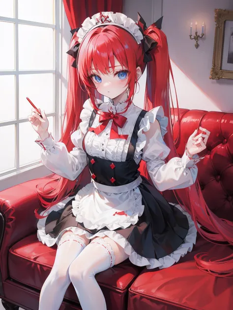 red hair,blue eyes,twintails,maid, long hair, long sleeves, gothic, solo, loli,Short skirt, white stockings,{{best quality}}, {{masterpiece}}, {{ultra-detailed}}, {illustration}, {detailed light}, {an extremely delicate and beautiful},little girl,cute,