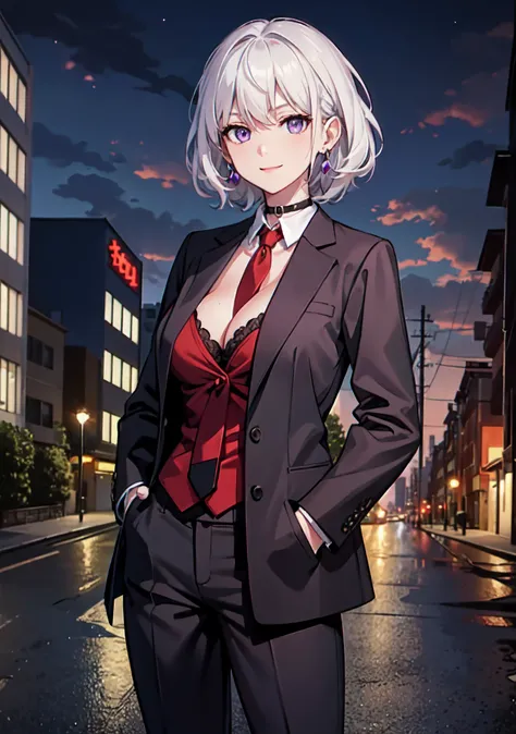 (masterpiece, best quality:1.2), cowboy shot, solo, 1girl, white hair, short wavy hair, purple eyes, (large breasts: 1.2), cleavage, slender body, light smile, looking at viewer, hands in pockets, formal, dark suit, red necktie, black pants, choker, earrin...