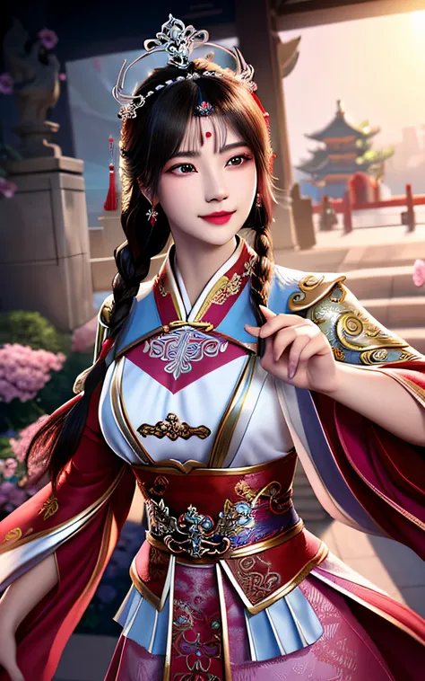 Best quality,palaces，1 girl, Mature woman, Chinese style, Ancient China, sister, Dancer, Smile, brunette color hair, Princess cut, Fried dough twisted braid, Coiled hair, Phoenix crown,Light pink lips, calm, Intellectual, Red eyes, nipple tassels, Silver, ...