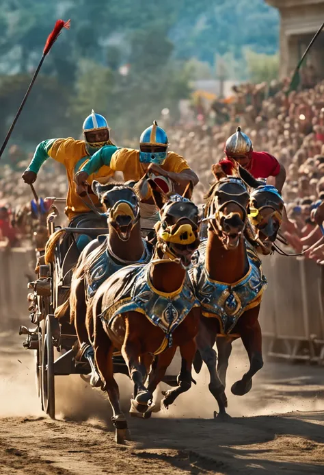 Generate an image capturing the excitement and intensity of ancient Roman chariot racing. Showcase vibrant chariots in full sprint, fans cheering in the stands, and the distinct colors of the rival factions, Greens and Blues, vividly displayed