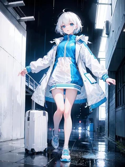 1 Female body，standing on your feet，Fit your body,  white short messy hair, Sky blue eyes, White coat，Blue pattern，Short white dress，big laughter，athletic sneakers ,Rained，Rain on the body，sharp-focus，A high resolution, ultrasharp, 8K, Masterpiece,