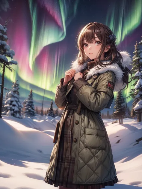 Best Quality, masutepiece,Aurora、Looking up at the Northern Lights、The background is the North Pole、beautiful mature women、Beautiful face、Strong-minded woman、brown haired、Brown-eyed、Longhaire、Undersized eyes、Full body like、Warm clothing