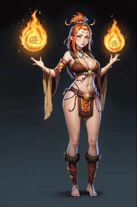 1个Giant Breast Girl、独奏,full bodyesbian,standing on your feet,Fire Tribe,simple backgound,Magical fantasy design,character concept design,Beautiful face and eyes,tmasterpiece,best qualtiy,Best resolution,high definition detail
