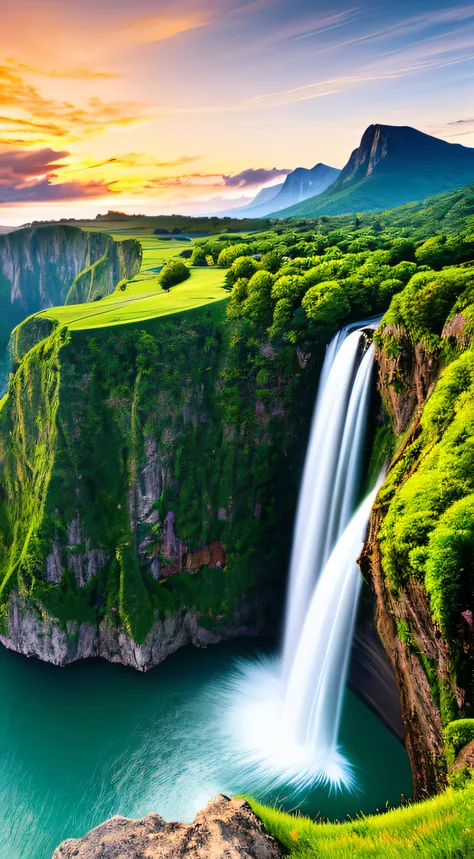 Masterpiece, ultimate quality, Cg unity 8k wallpaper, super delicate, beautiful sky and clouds, rich natural scenery, cliffs, lakes and rivers, waterfalls and flying water, beautiful green mountains, no trace of people, excellent scenery, has already won a...