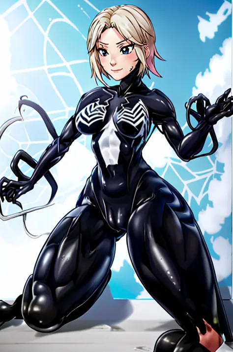 tmasterpiece，best qualityer，A high resolution，1人(femele),SH1,SpiderGwen，blond with short hair，mitts，full-body tights(black)，There is only one mode(There is a white one on the chest&Large spider pattern)，putting makeup on，standing on your feet，cow boy shot，...