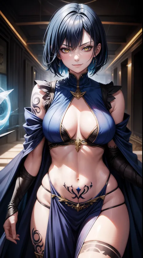 Adult woman, Short blue hair, Yellow eyes, tattoo, Dark magic dress, Sleeveless, open belly, open breasts, cloak, smirk, Masterpiece, hiquality