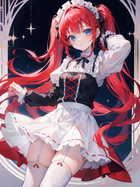 red hair,blue eyes,twintails,maid, long hair, long sleeves, gothic, solo, loli,Short skirt, white stockings,{{best quality}}, {{masterpiece}}, {{ultra-detailed}}, {illustration}, {detailed light}, {an extremely delicate and beautiful},little girl,cute,