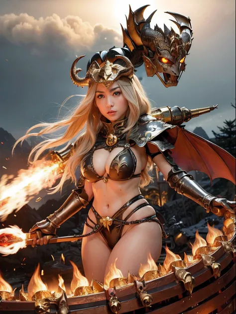 Professional , ​masterpiece、top-quality、photos realistic , depth of fields 、（Dragon Black Metal Body:1.９),(Mattretto、（cleavage of the breast）、Dragon Gold Weapon、（Micro Bikini Armor:1.４),Gorgeous gold weapons ,Particles of light、Particles of light、（（ Dragon...