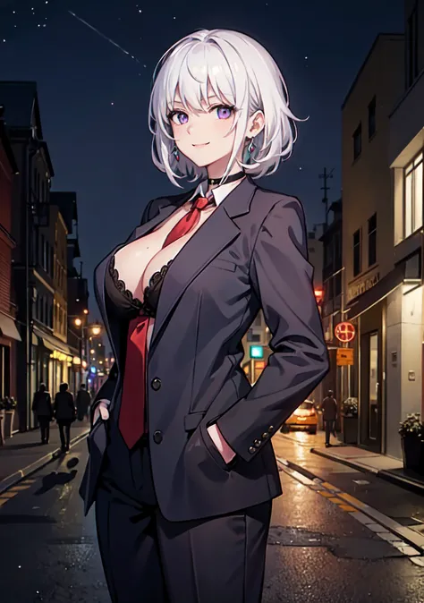 (masterpiece, best quality:1.2), cowboy shot, solo, 1girl, white hair, short wavy hair, purple eyes, (large breasts: 1.2), cleavage, slender body, light smile, looking at viewer, hands in pockets, formal, dark suit, red necktie, black pants, choker, earrin...