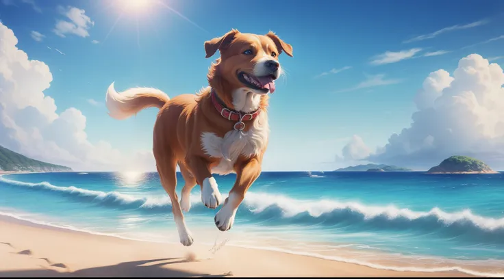 A joyful dog is happy because it is walking on a beautiful beach in summer, sunny day, intricate detail, high resolution, high definition, panoramic view, volumetric light, dynamic composition, anime style