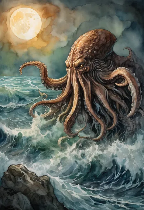 "Cthulhu emerging from the dark depths of the sea, illuminated by the haunting glow of the full moon, with impeccable realism and intricate detail."