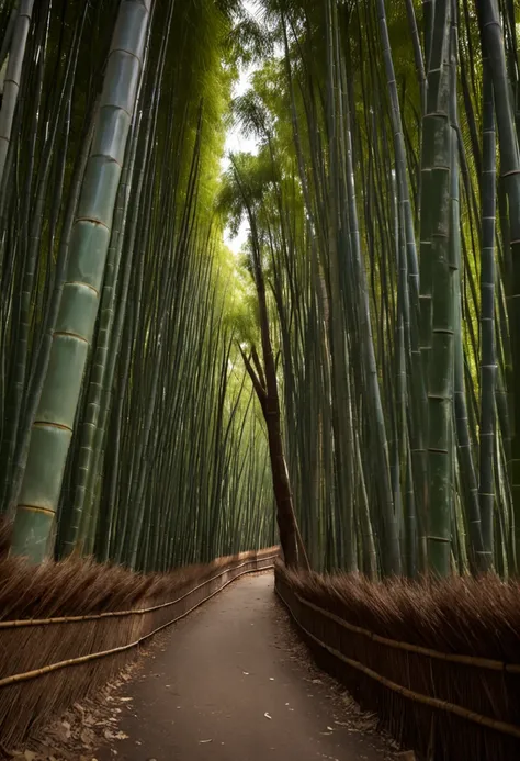 bamboo forrest，Lodge，The back of the knights back knife，wide shot，god rays， UHD，Cinematic lighting effects，Tyndall Light，Rich in color.