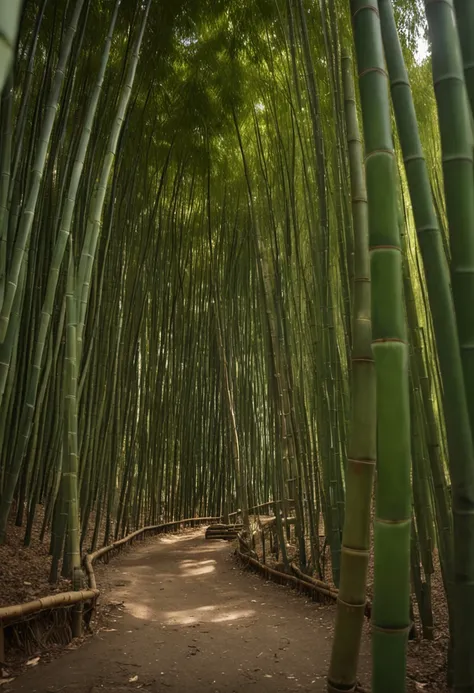 bamboo forrest，Lodge，The back of the knights back knife，wide shot，god rays， UHD，Cinematic lighting effects，Tyndall Light，Rich in color.