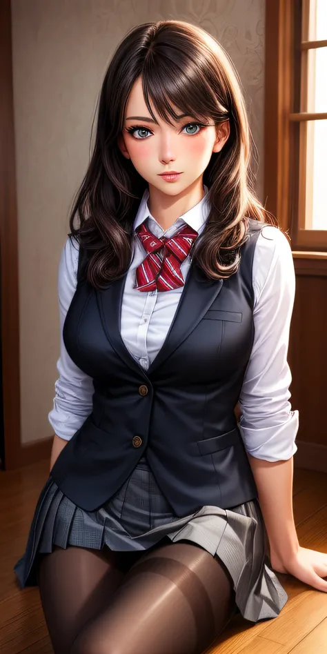 Best Quality, masutepiece, (Photorealistic:1.4), Wallpaper, 1girl in, crass room, blush,vests, Blazer, pantyhose, Detailed face, Pleated skirt, heels, sleek, Dark hair, grey  eyes, Beautiful eyes, 8K