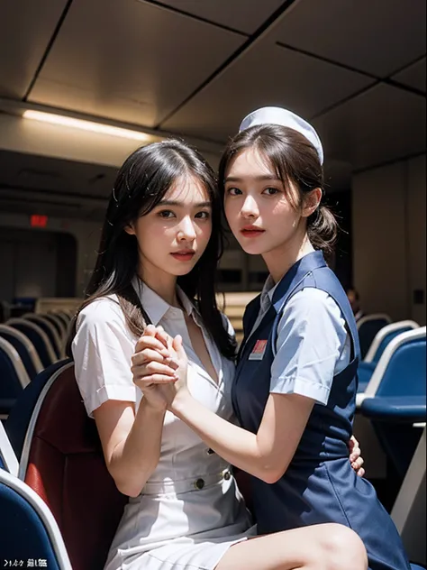 top-quality、​masterpiece、超A high resolution、(Photorealsitic:1.4)、(two female:1.2)、Raw foto、Inside the aircraft、(Holding hands:1.5)、、Women in Their 20s、Holding hands、is standing、(Two women in flight attendant uniform:1.4)、face perfect、Perfect body、Dress per...