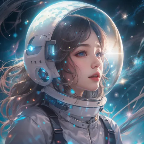 In that beautiful outer space、There are dark blue galaxies and purple color galaxies、stele々is shining。The Earth Appears Far、Sunlight blends into the surrounding universe。Wearing a full-face helmet、Girl in white laser spacesuit、The spacesuit has a novel whi...