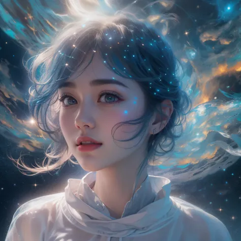 In that beautiful outer space、There are dark blue galaxies and purple color galaxies、stele々is shining。The Earth Appears Far、Sunlight blends into the surrounding universe。Wearing a full-face helmet、Girl in white laser spacesuit、The spacesuit has a novel whi...