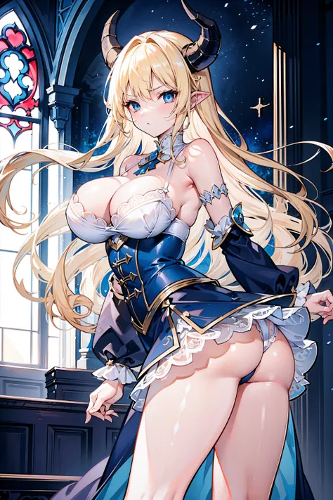 A girl with big dragon horns on her head，Long blonde hair，blue color eyes，Erotic white lace lingerie，Fighting posture，divino，highest  quality，exposing her chest，Miniskirt，Gorgeous church background with extreme details，bent down，Pouted his ass to reveal a ...