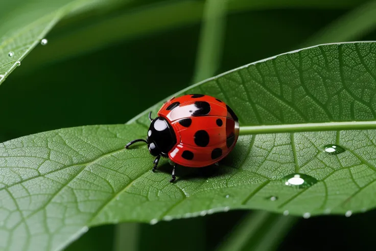 A seven-star ladybug，Green leaves with clear meridians，A few drops of crystal dew on the leaves，Very textured picture，8K分辨率