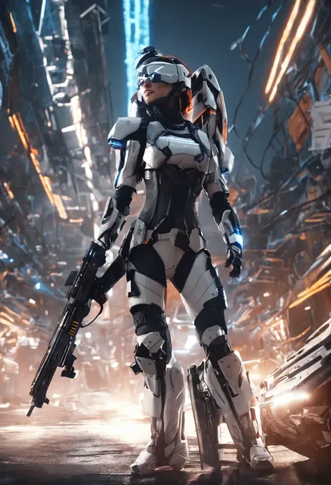 Futuristic girl，Realistis，tmasterpiece，best qualtiy，realisticlying，Thick body，white straitjacket，Battle uniforms，Blue light on armor，Headgear battle，dynamicposes，The end of the world，Destroyed city background，scientific fiction，HDR，Ray traching，Hyper-Resol...